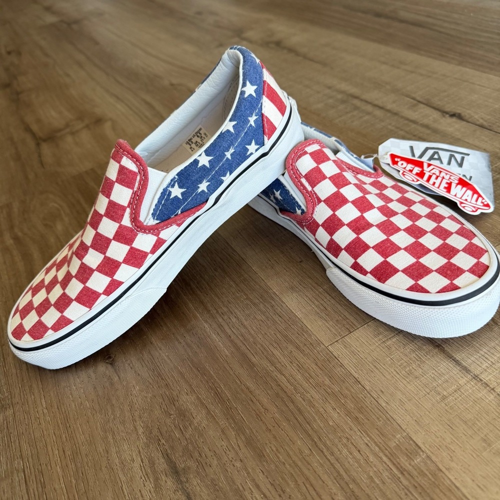 Vans Van Doren Stars and Stripes Checkerboard Slip-On Sneakers Red White Blue